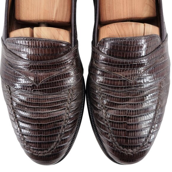 Neiman Marcus Exotic Teju Lizard Brown Dress Shoes Men 8.5 Handmade Penny Loafer - Picture 2 of 11